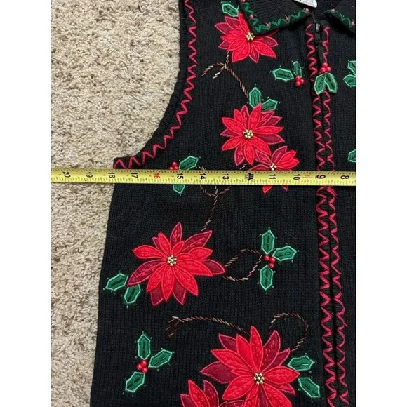 WHITE STAG Women Black Full Zip Collar Floral Embroidered Sweater Vest Small - Picture 8 of 9